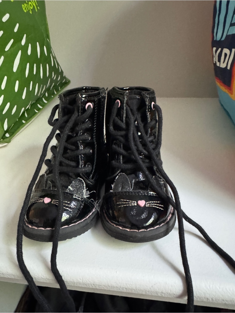 The Children's Place Black Patent Lace-Up Boots with Pink Heart Detail